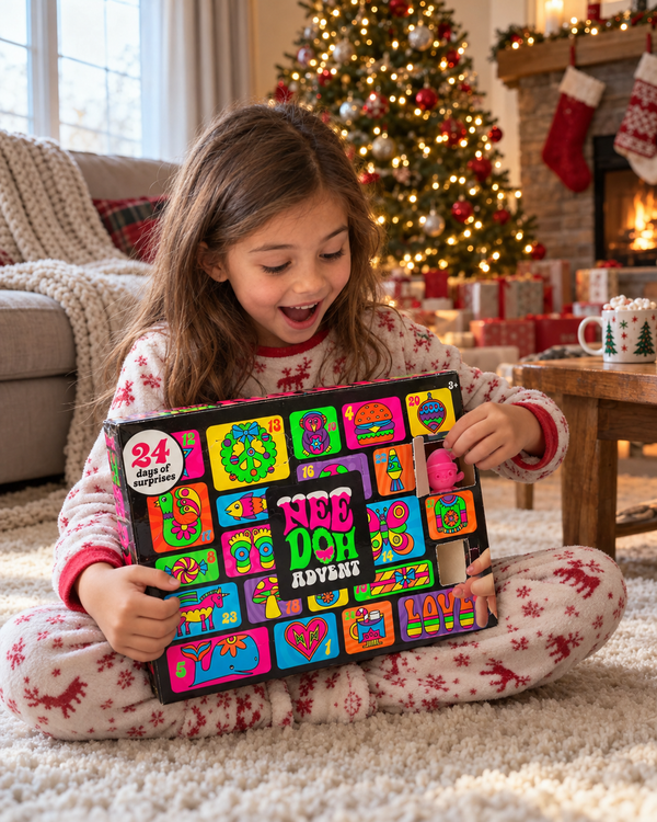 Child opening a door on the NeeDoh Advent Calendar by the Christmas tree