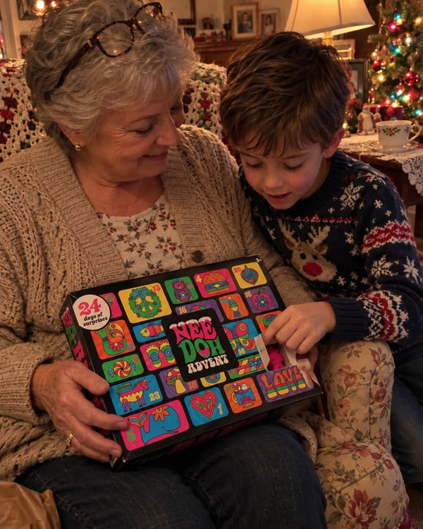Grandmother and grandson opening a NeeDoh Advent Calendar door together