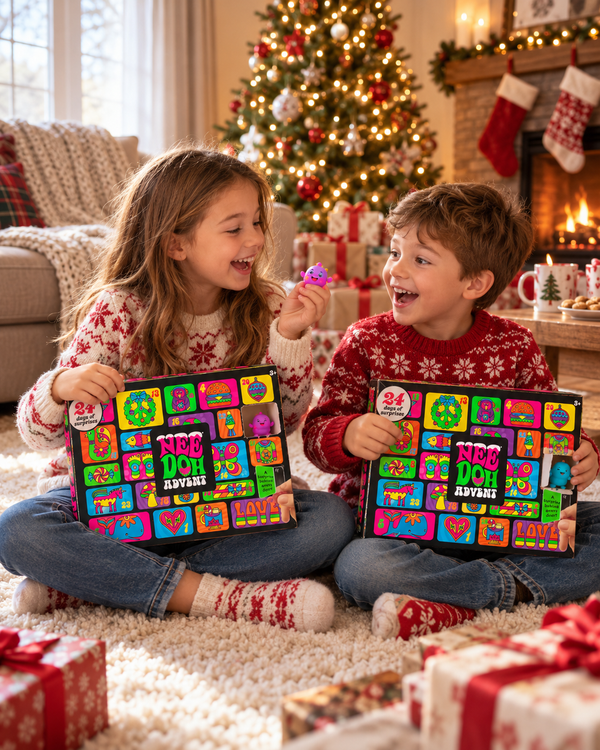 Two siblings each opening their own NeeDoh Advent Calendar