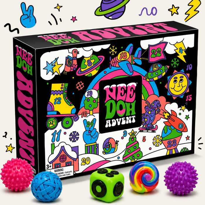 The NeeDoh Advent calendar box with five mini squish toys in front of it