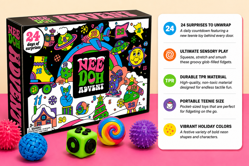 The NeeDoh Advent box beside a list of what is inside