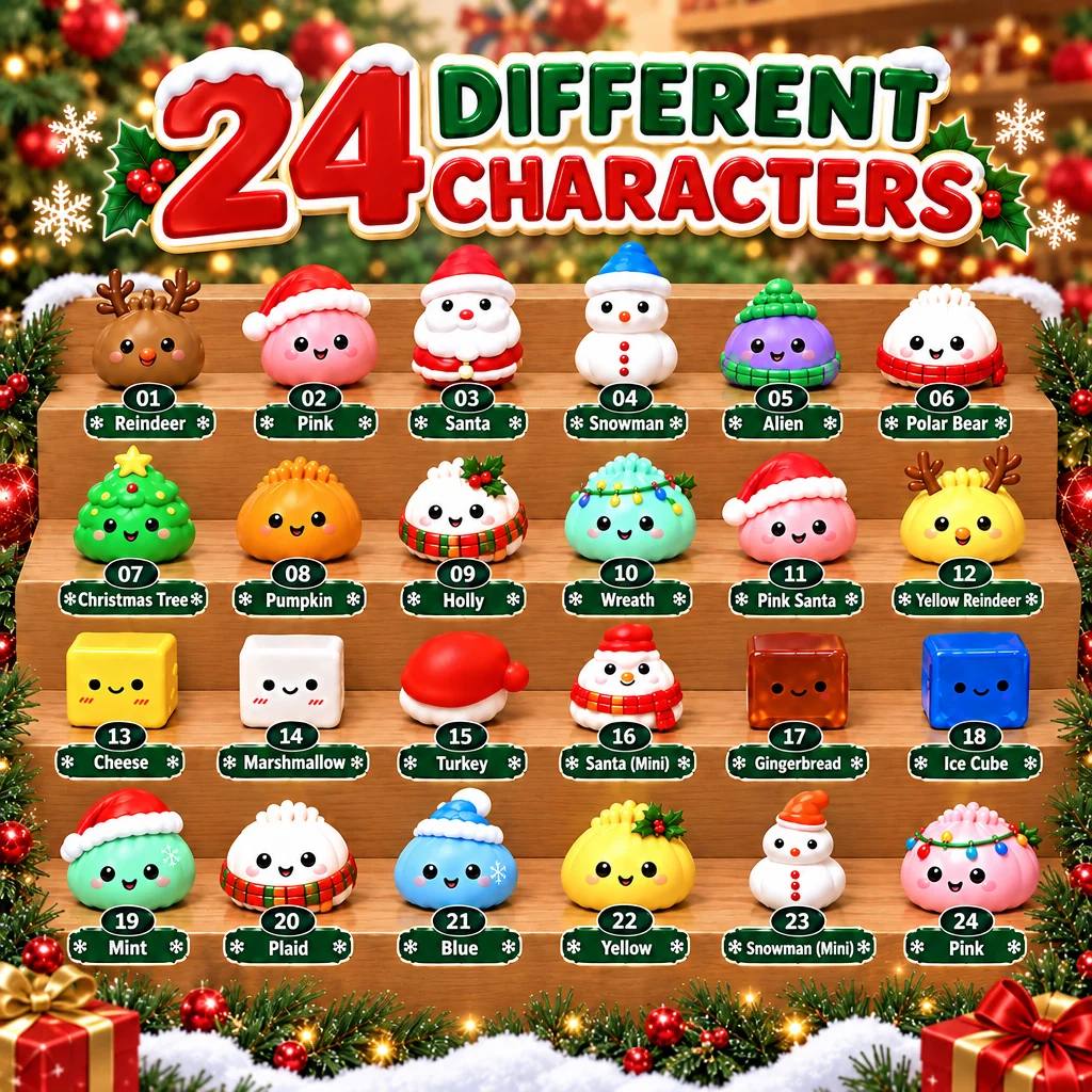 The 24 dumpling squishy characters lined up on wooden shelves