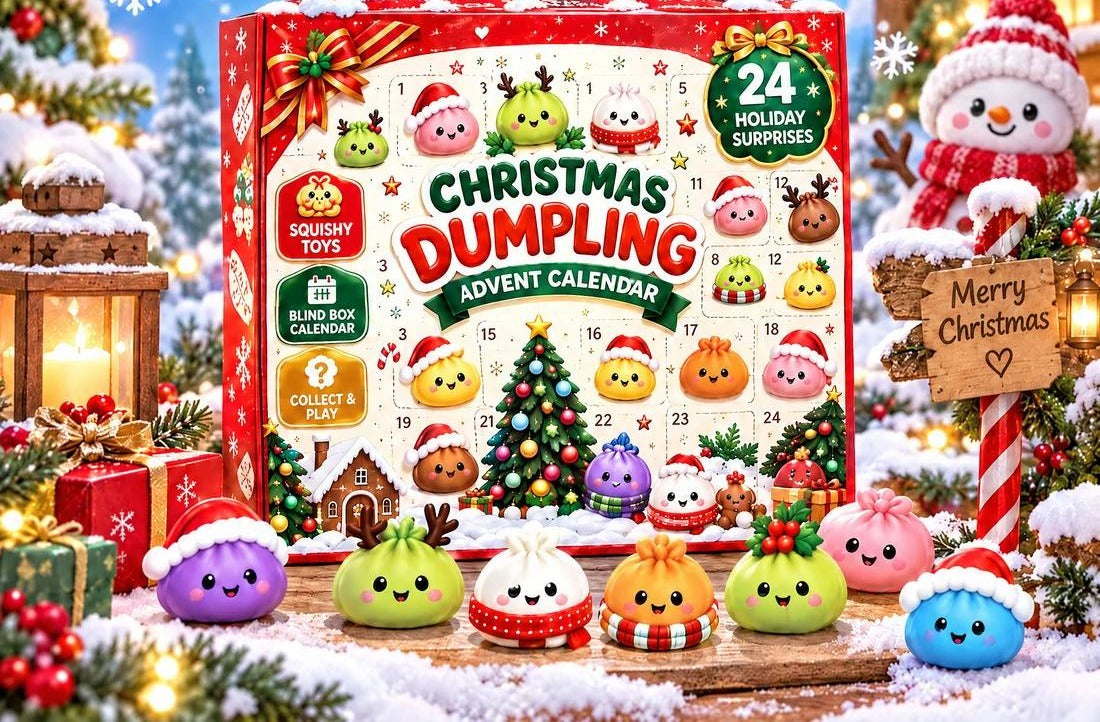 Christmas dumpling advent calendar box with eight dumpling squishies in front