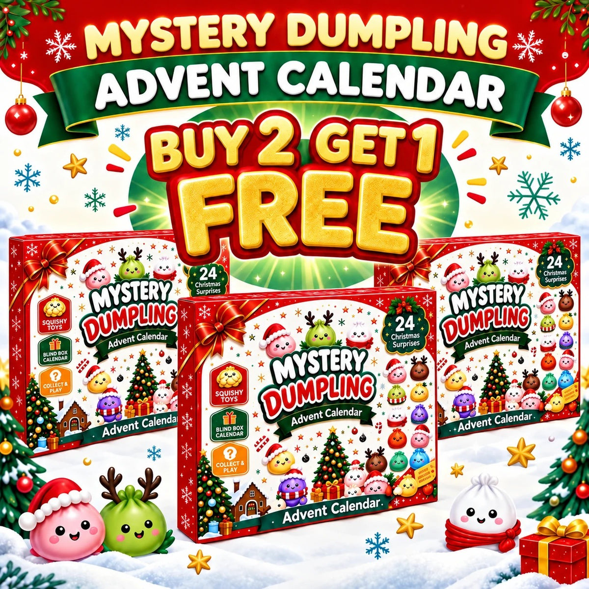 Mystery Dumpling advent calendar: buy 2, get 1 free, three calendar boxes with dumpling squishies