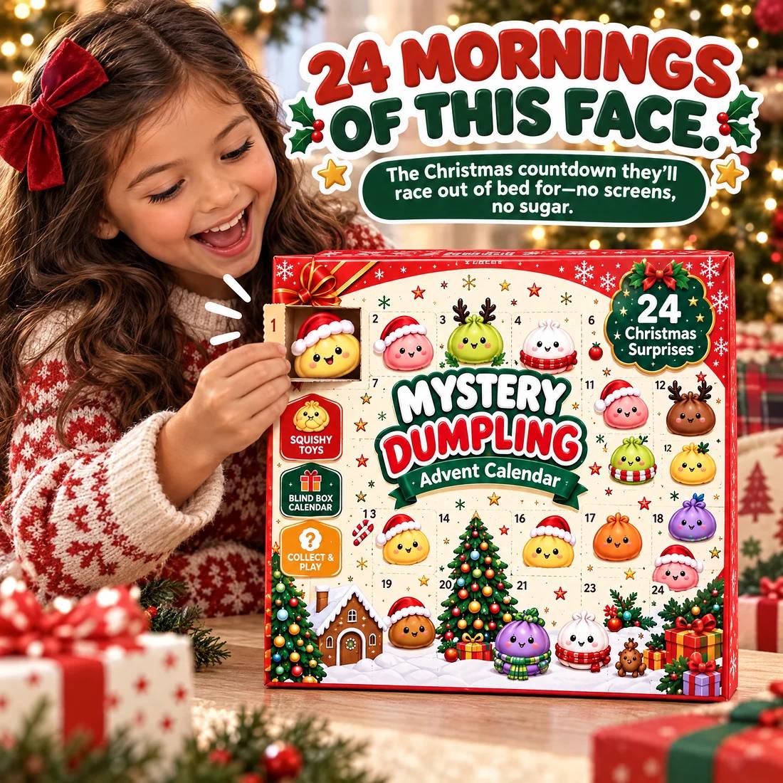 A girl opening door 1 of the dumpling advent calendar and finding a squishy