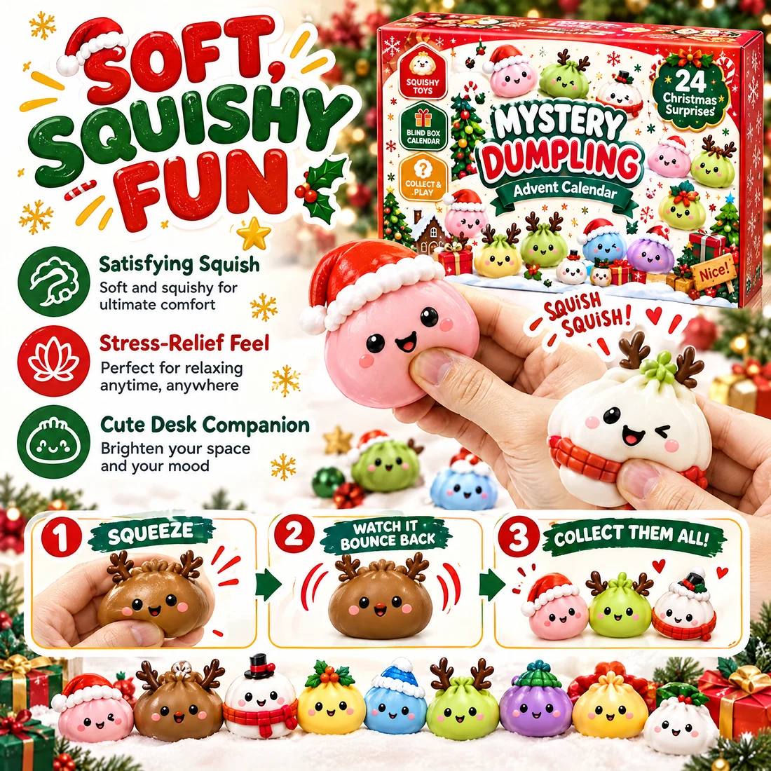 Hands squeezing two dumpling squishies, with the advent calendar box behind