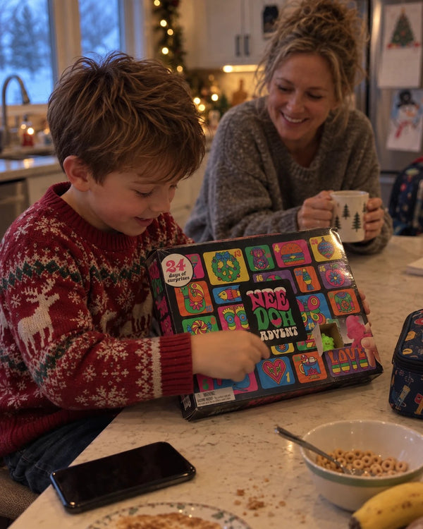 Boy opening a calendar door at breakfast while his mom watches