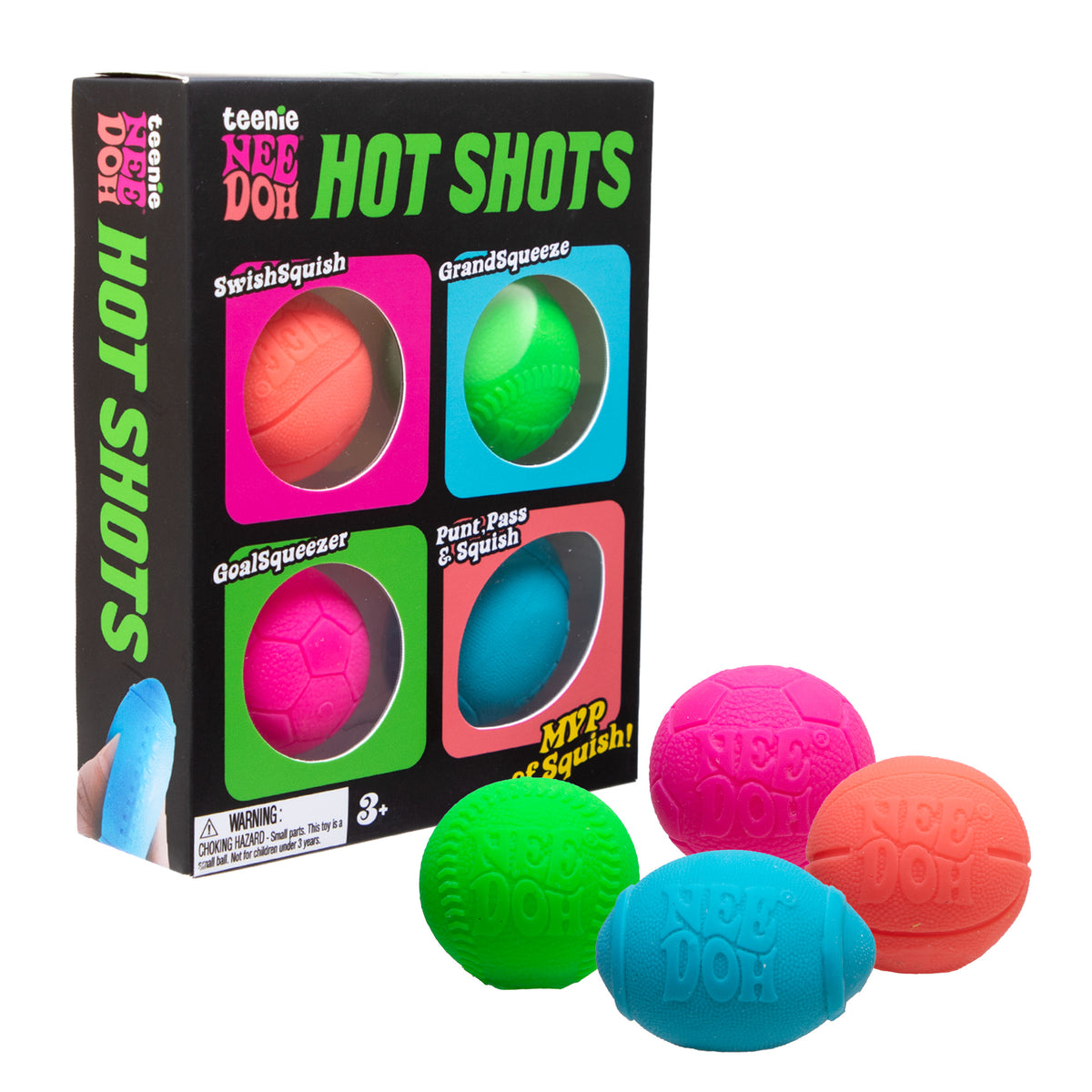 Teenie NeeDoh Hot Shots Multipack retail box with four squishy sports balls