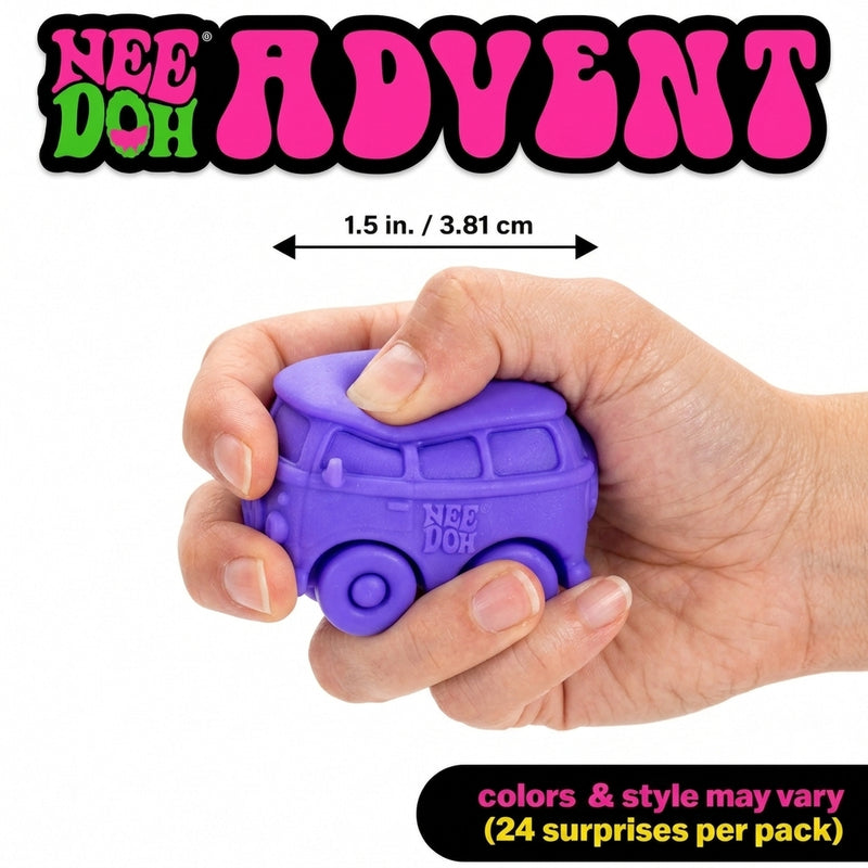 All 24 mini squish toys laid out beside the NeeDoh Advent box