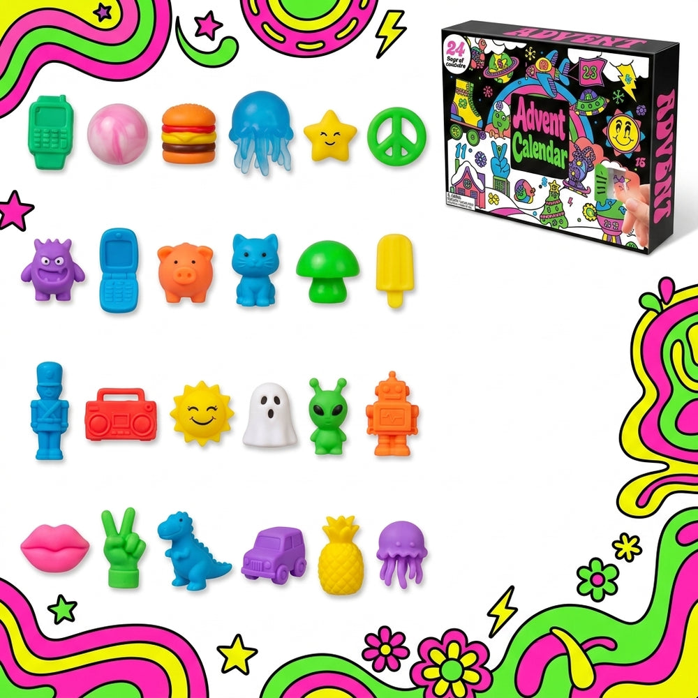 All 24 mini squish toys laid out beside the NeeDoh Advent box