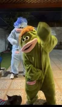 Two friends dancing in Silly Onesies