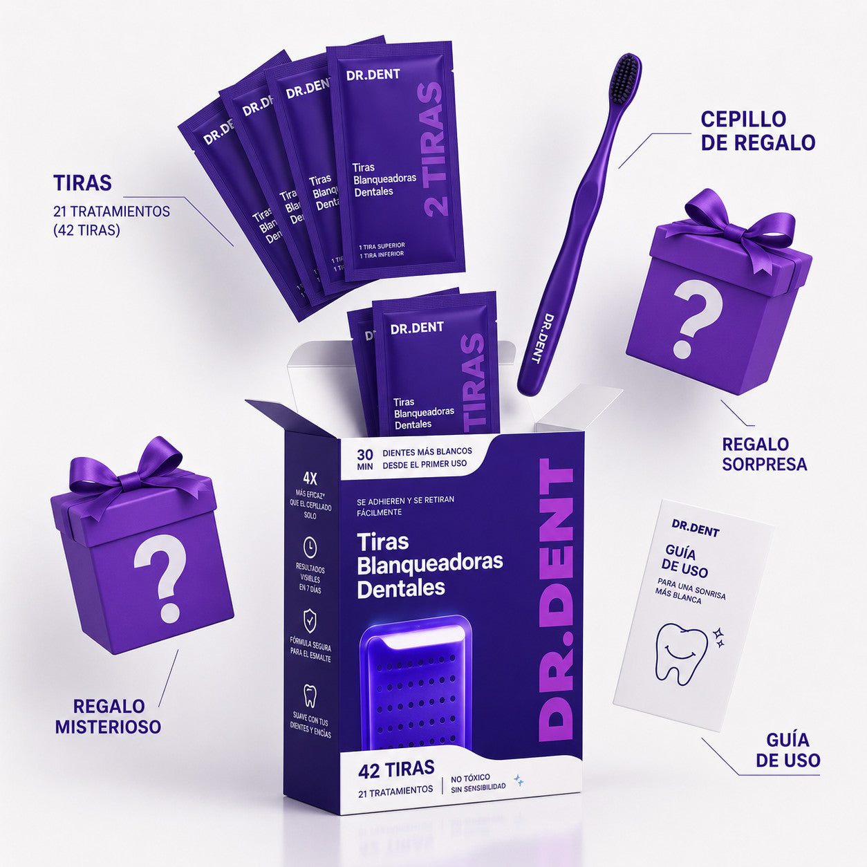 Contenido del pack DR DENT: tiras, cepillo de regalo, regalo sorpresa y guía