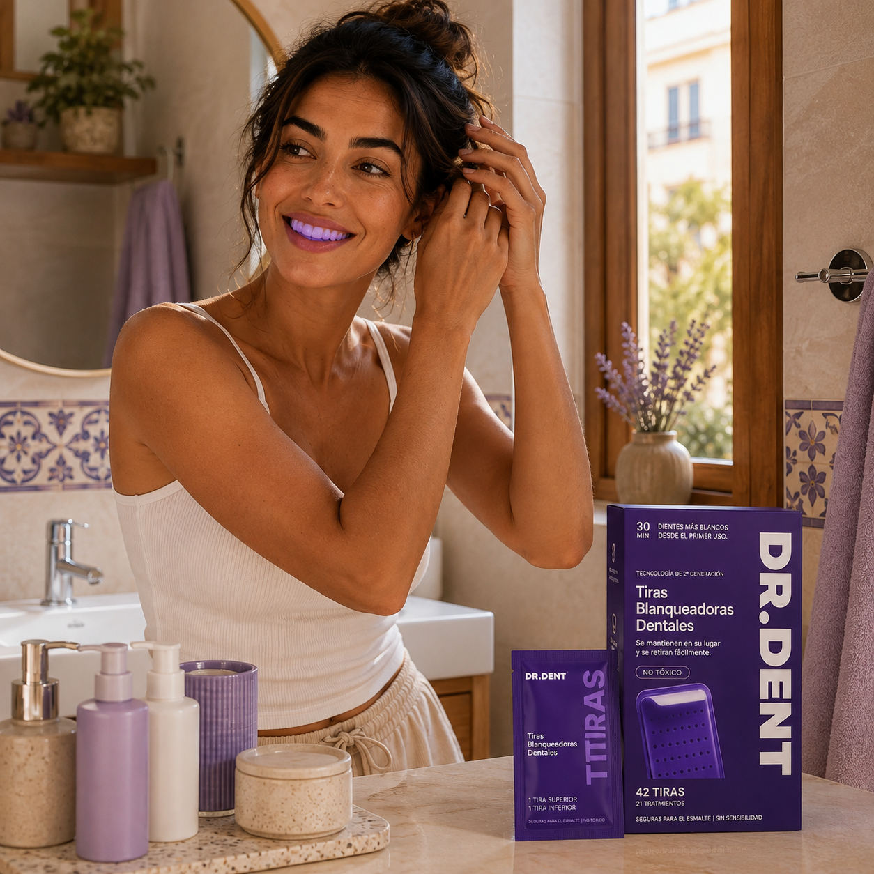 Mujer sonriendo mientras se aplica las tiras blanqueadoras DR DENT frente al espejo